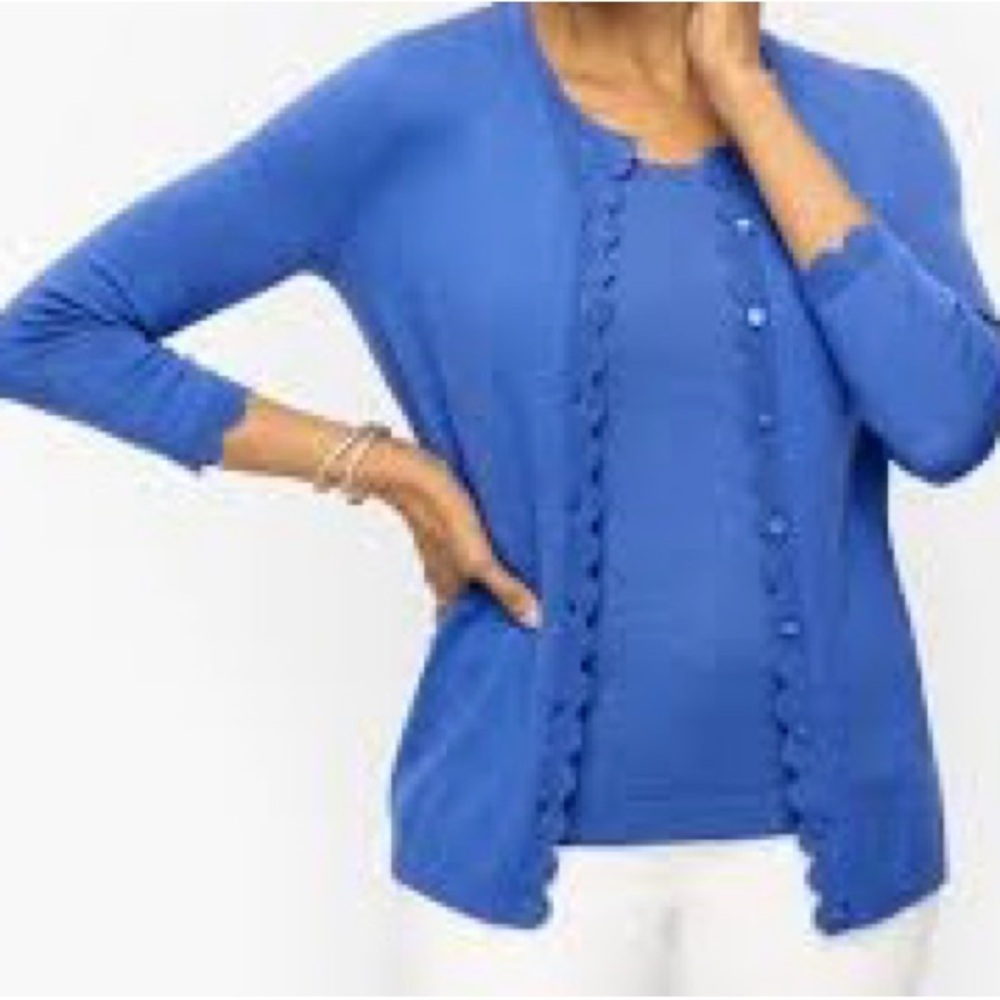 Talbots Blue Scalloped Edge Charming Cardigan.